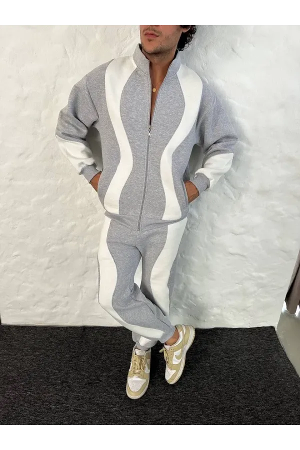 Erkek Premium Parçalı Eşofman Takım - Dik Yaka Fermuarlı Sweatshirt, - Gri