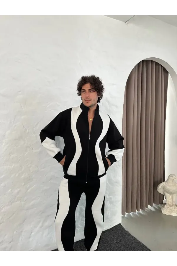 Erkek Premium Parçalı Eşofman Takım - Dik Yaka Fermuarlı Sweatshirt, - Siyah