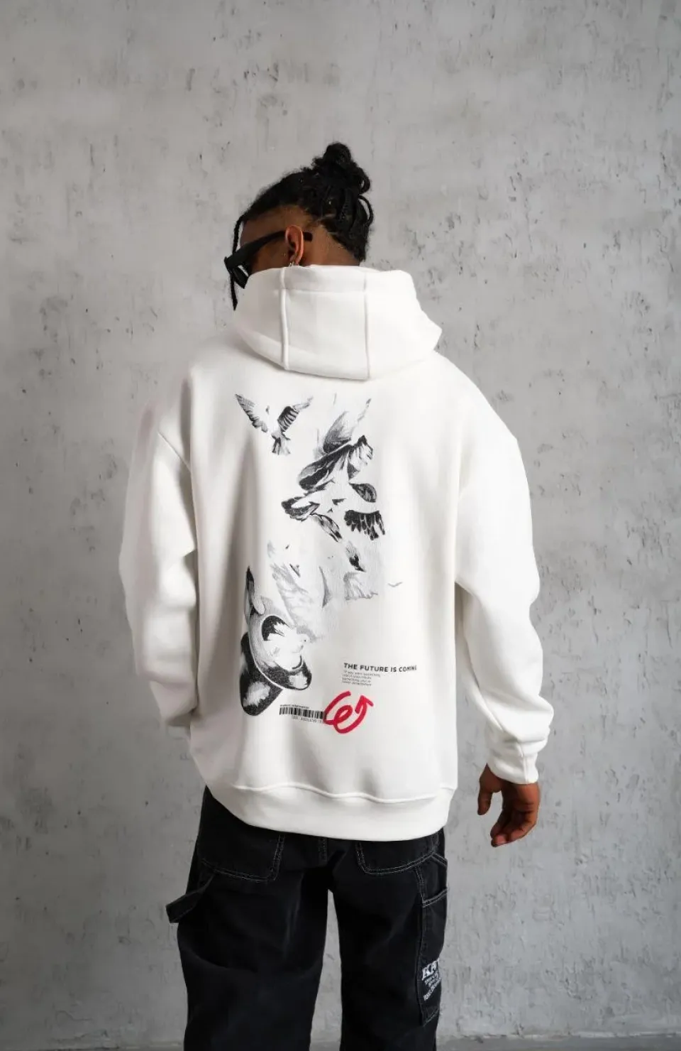 Erkek Şapkalı Güvercin Baskılı Kapşonlu Sweat - Beyaz