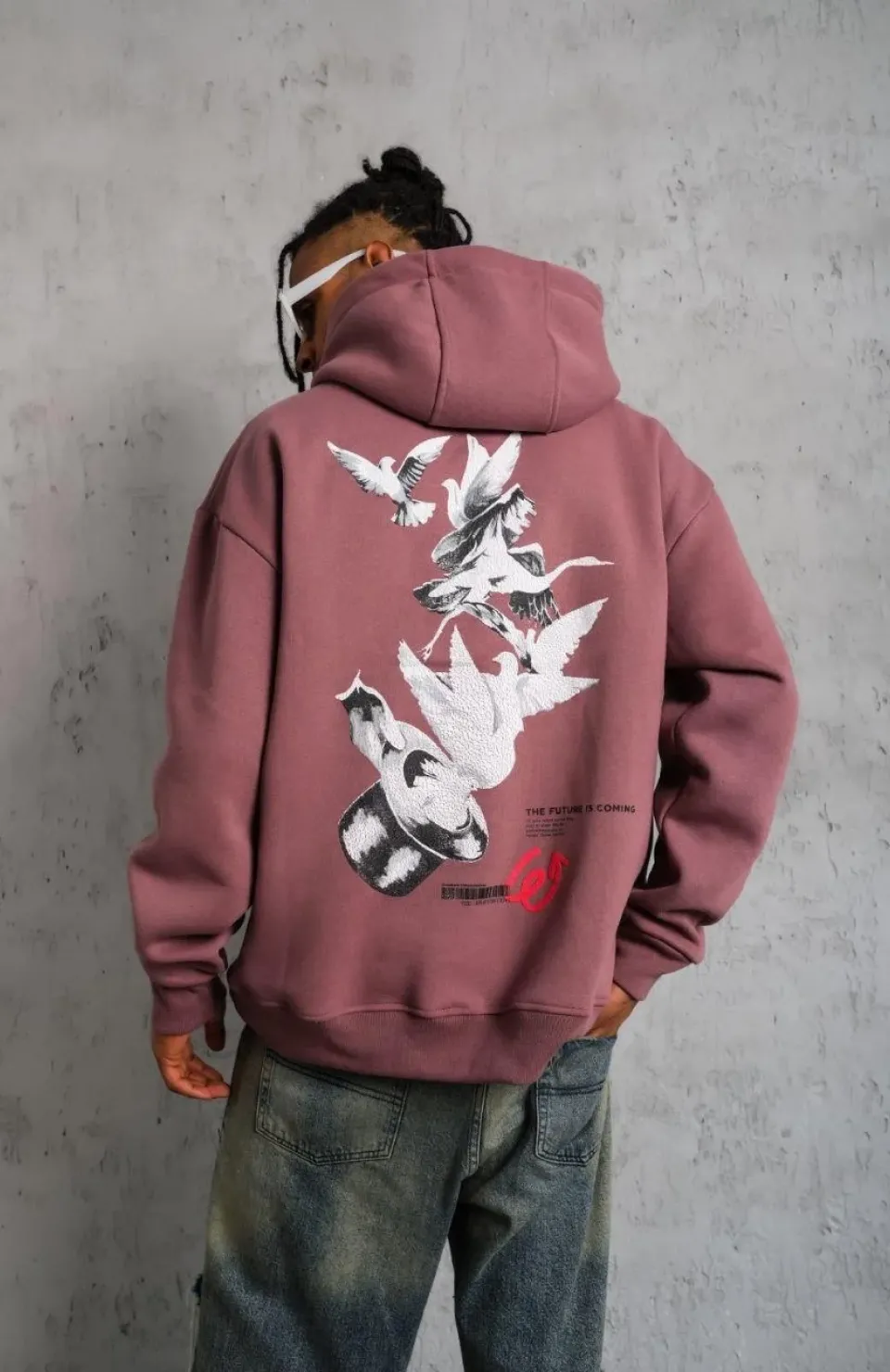 Erkek Şapkalı Güvercin Baskılı Kapşonlu Sweat - Gül Kurusu Somersan Giyim | Kadın, Erkek ve Çocuk Moda