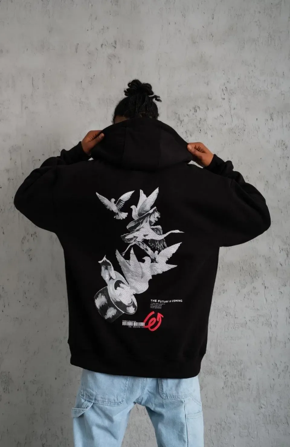 Erkek Şapkalı Güvercin Baskılı Kapşonlu Sweat - Siyah Somersan Giyim | Kadın, Erkek ve Çocuk Moda