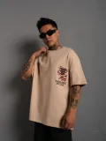 Erkek Sırt Baskılı A Kalite Oversize T-shirt - Bej