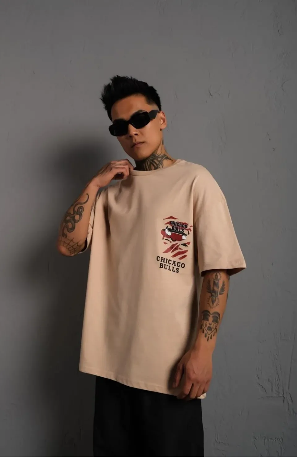 Erkek Sırt Baskılı A Kalite Oversize T-shirt - Bej