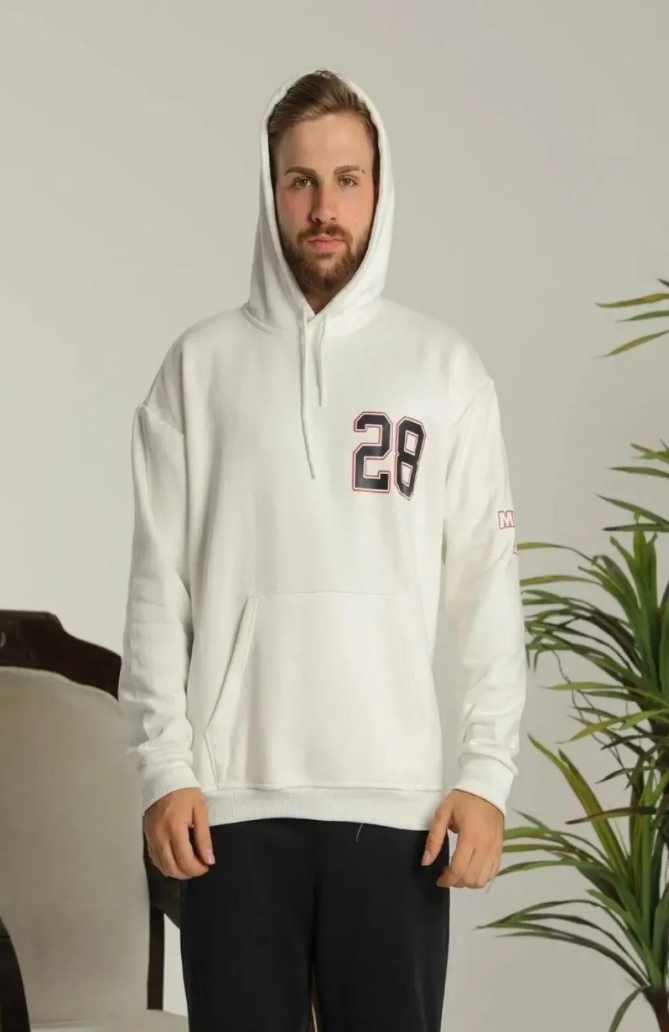Erkek Sırt Baskılı Oversize Üç İplik Kapüşonlu Sweatshirt - Beyaz