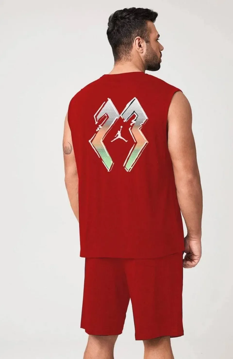 Erkek Sırt Baskılı Sıfır Kol İkili Şort Takım - Kırmızı Somersan Giyim | Kadın, Erkek ve Çocuk Moda