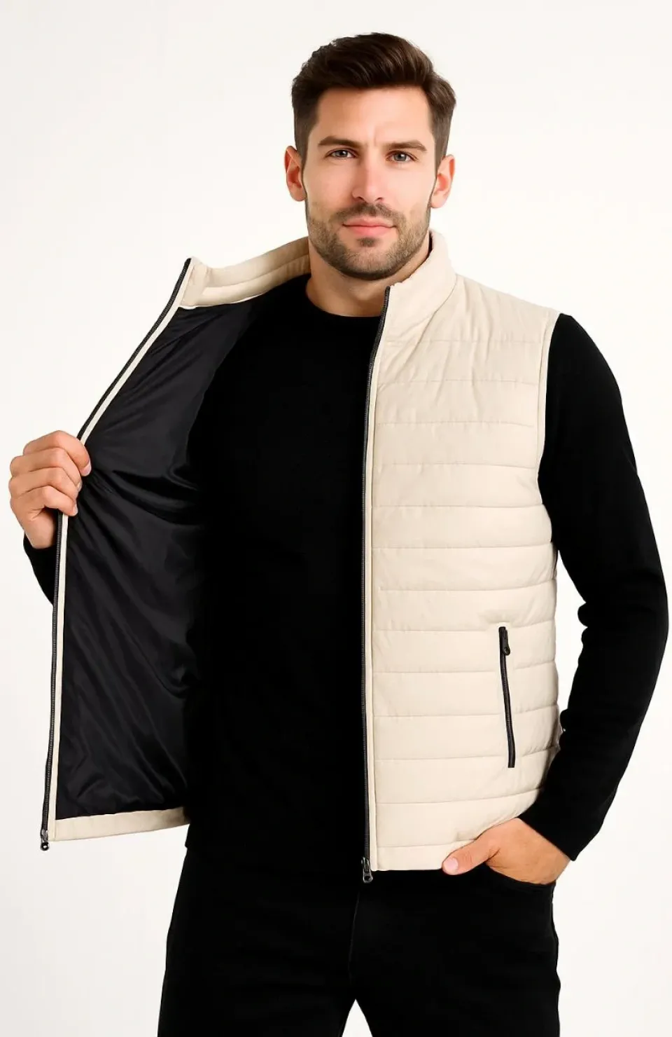 Erkek Şişme Fermuarlı Yelek Su itici Kapitone Astarlı Kumaş Cepli Hafif Kışlık Spor Rahat Kalıp -Bej Somersan Giyim | Kadın, Erkek ve Çocuk Moda