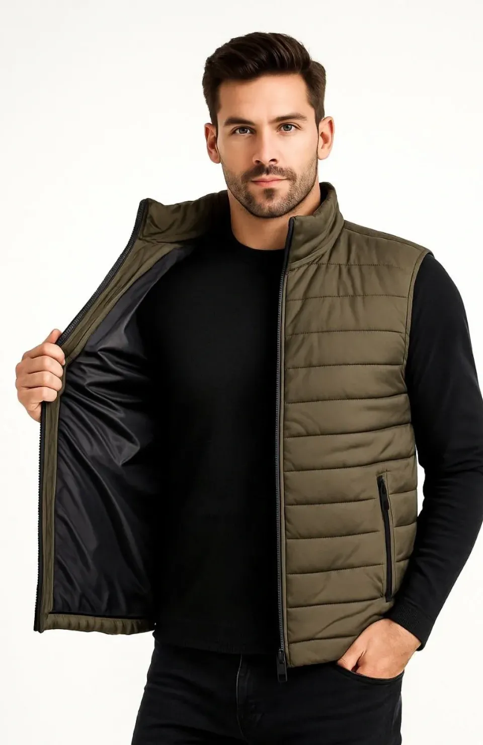 Erkek Şişme Fermuarlı Yelek Su itici Kapitone Astarlı Kumaş Cepli Hafif Kışlık Spor Rahat Kalıp - Haki Somersan Giyim | Kadın, Erkek ve Çocuk Moda