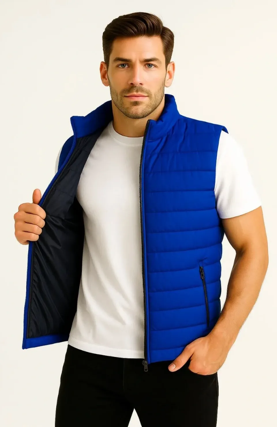 Erkek Şişme Fermuarlı Yelek Su itici Kapitone Astarlı Kumaş Cepli Hafif Kışlık Spor Rahat Kalıp - Saks Mavisi Somersan Giyim | Kadın, Erkek ve Çocuk Moda