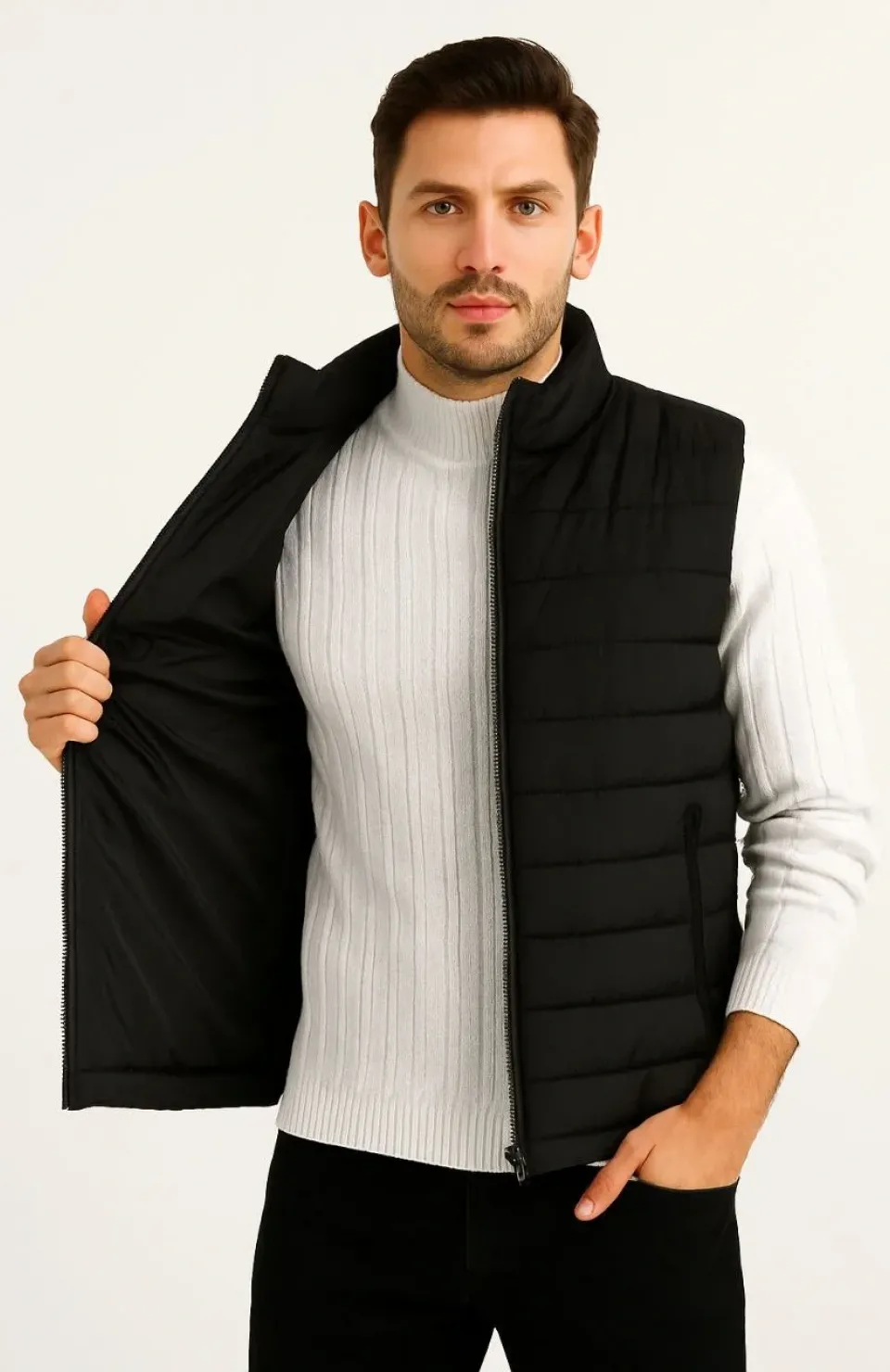 Erkek Şişme Fermuarlı Yelek Su itici Kapitone Astarlı Kumaş Cepli Hafif Kışlık Spor Rahat Kalıp - Siyah Somersan Giyim | Kadın, Erkek ve Çocuk Moda