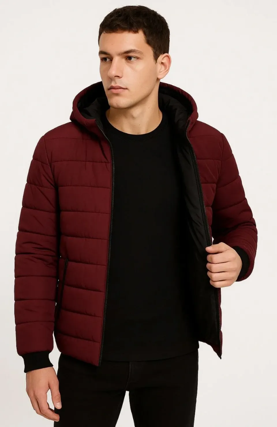 Erkek Şişme Kapüşonlu Fermuarlı Mont Su itici Kapitone Astarlı Kumaş Cepli Kışlık Rahat Kalıp - Bordo Somersan Giyim | Kadın, Erkek ve Çocuk Moda