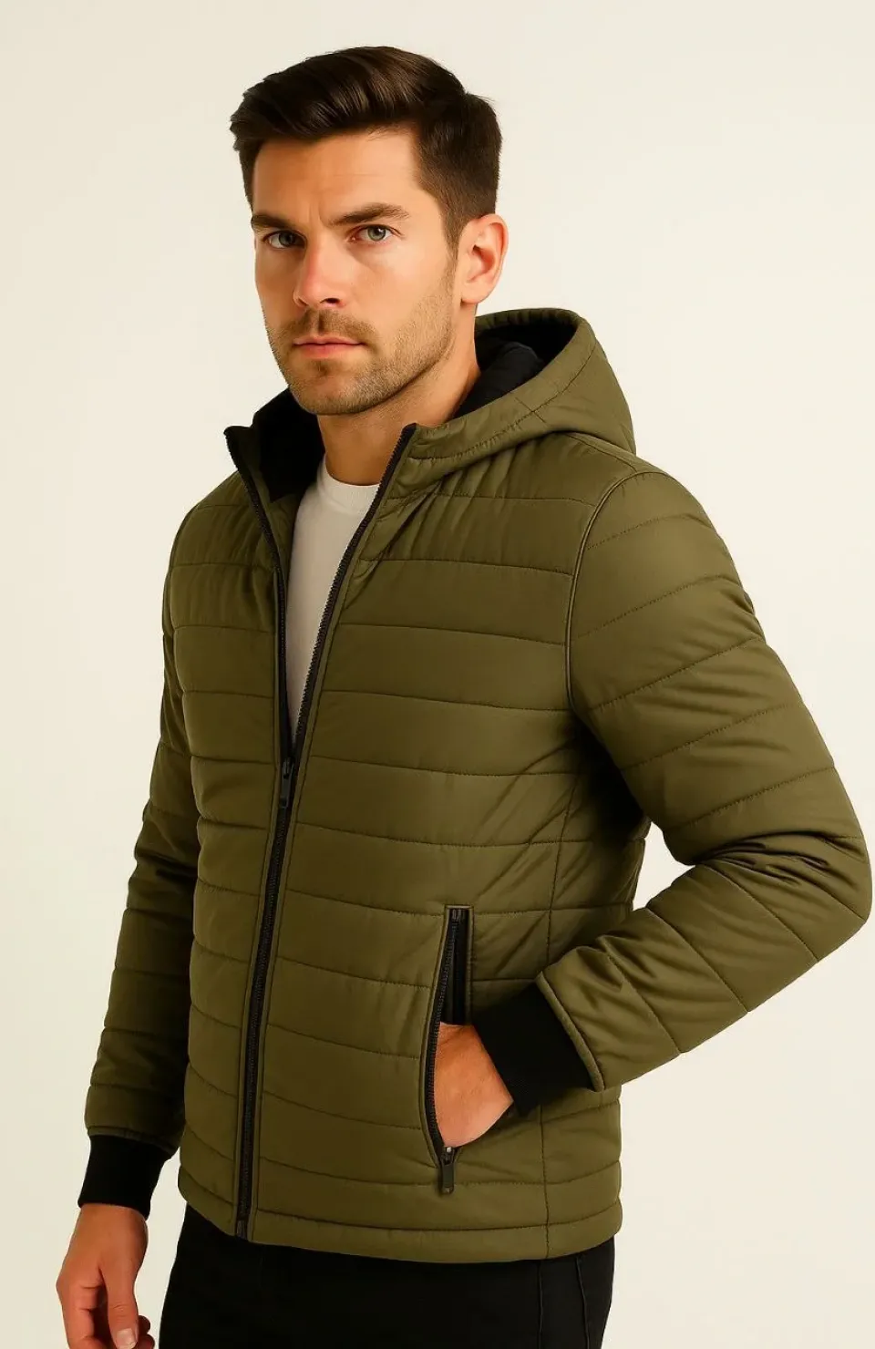 Erkek Şişme Kapüşonlu Fermuarlı Mont Su itici Kapitone Astarlı Kumaş Cepli Kışlık Rahat Kalıp - Haki Somersan Giyim | Kadın, Erkek ve Çocuk Moda