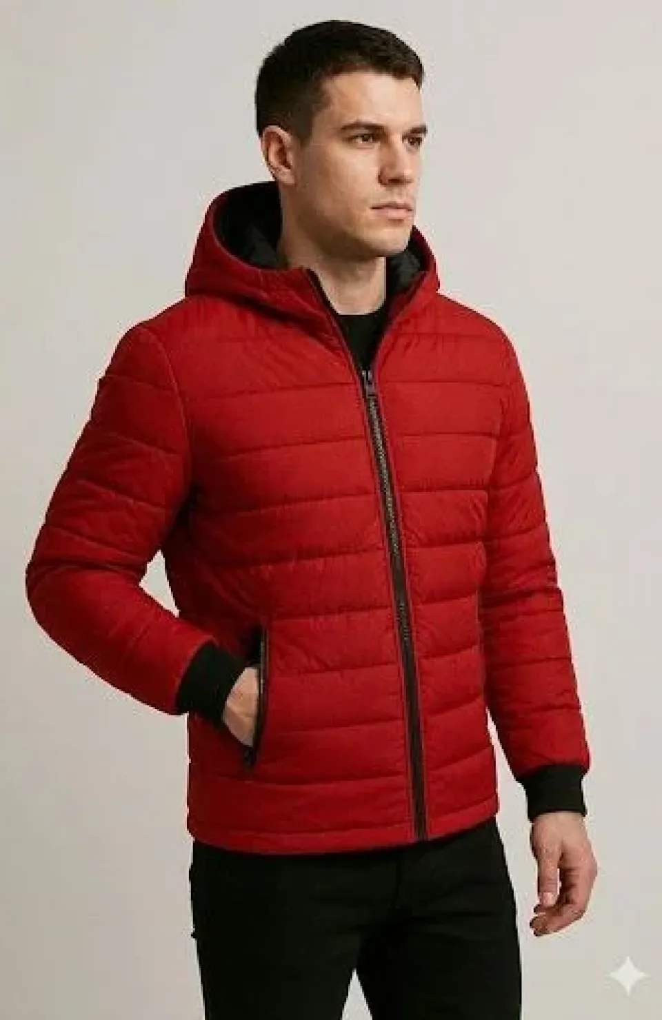 Erkek Şişme Kapüşonlu Fermuarlı Mont Su itici Kapitone Astarlı Kumaş Cepli Kışlık Rahat Kalıp - Kırmızı Somersan Giyim | Kadın, Erkek ve Çocuk Moda