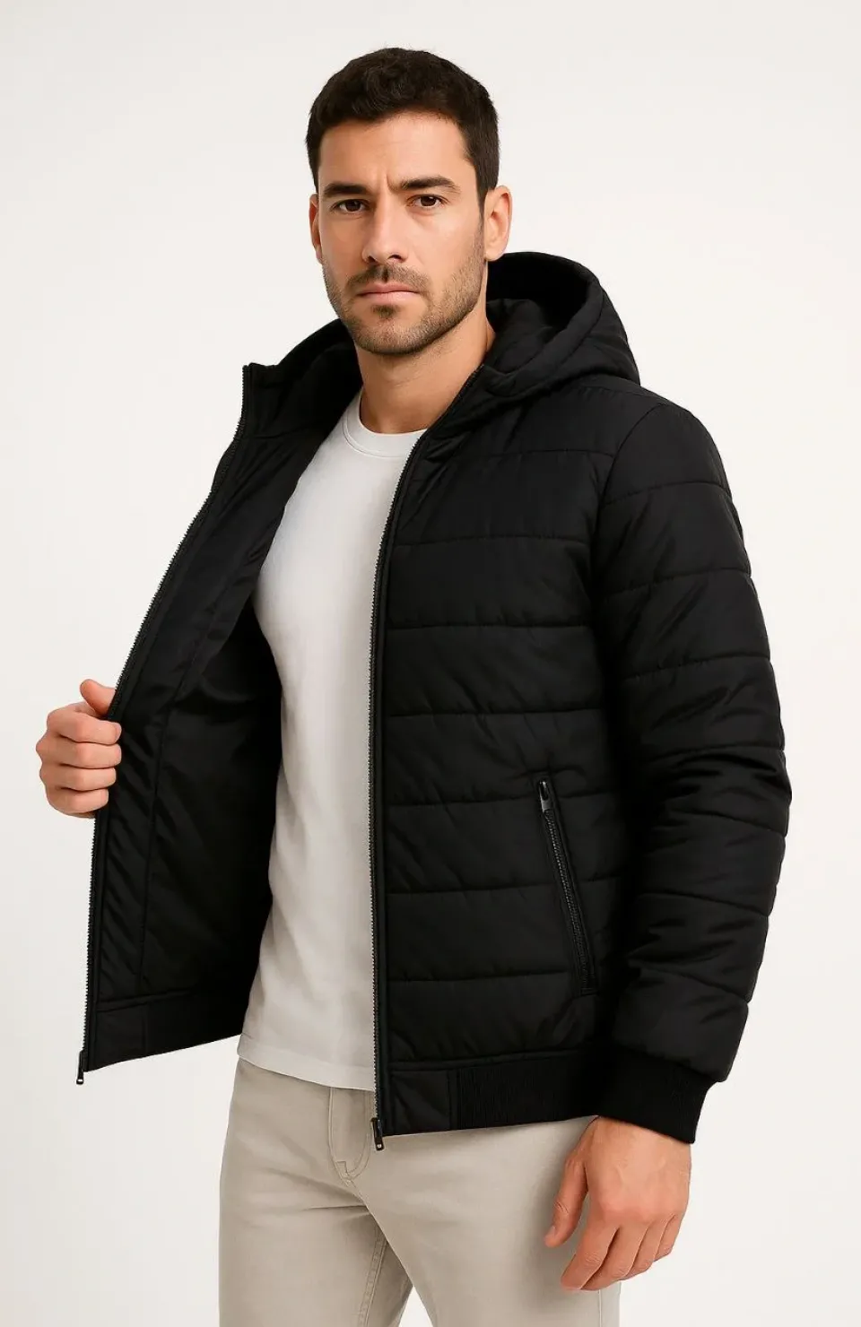 Erkek Şişme Kapüşonlu Fermuarlı Mont Su itici Kapitone Astarlı Kumaş Cepli Kışlık Rahat Kalıp - Siyah Somersan Giyim | Kadın, Erkek ve Çocuk Moda