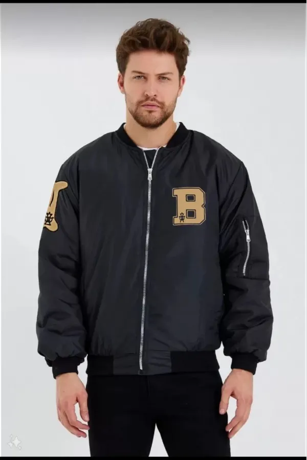 Erkek Siyah Bomber Kolej Mont – B Harfi ve Kemik Baskılı, Su İtici Kumaş, Kapitone Astarlı Fermuarlı Ceket - Siyah