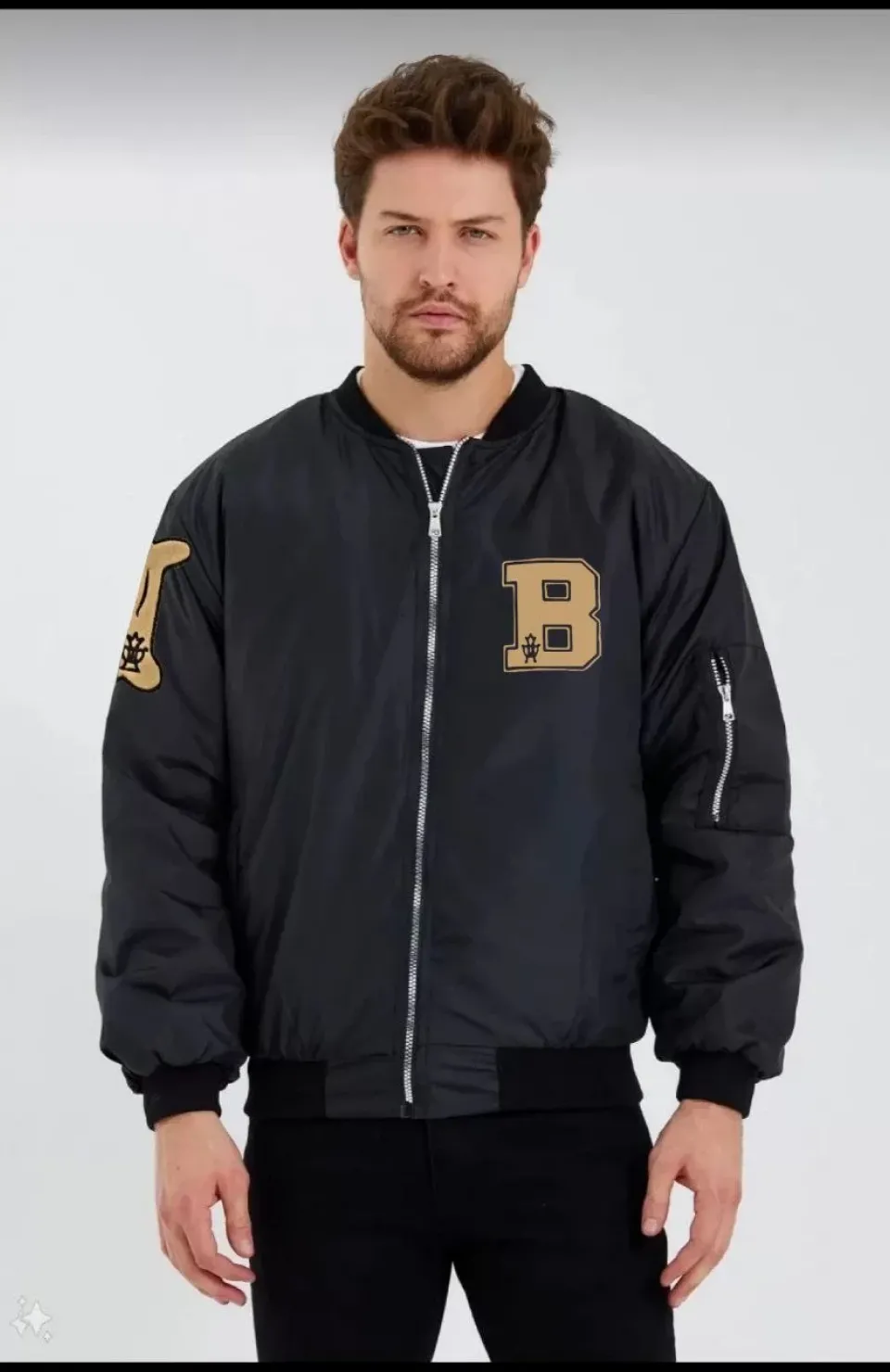 Erkek Siyah Bomber Kolej Mont – B Harfi ve Kemik Baskılı, Su İtici Kumaş, Kapitone Astarlı Fermuarlı Ceket - Siyah Somersan Giyim | Kadın, Erkek ve Çocuk Moda