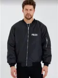 Erkek Siyah Bomber Mont – POLIZEI Yazılı, Fermuarlı Cepli, Kapitone Astarlı, Su İtici Kumaş Şık Günlük Ceket- Siyah