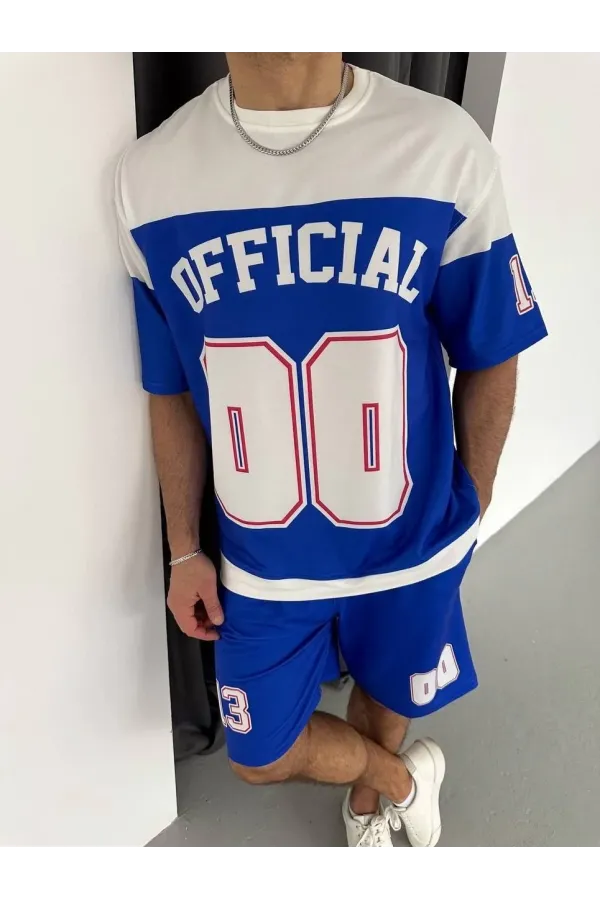 Erkek Şortlu Takım – Oversize İki İplik Kumaş, Ön & Arka Dijital Baskılı Tişört ve Lastikli Cepli Şort, Yazlık Günlük Spor Set - Mavi