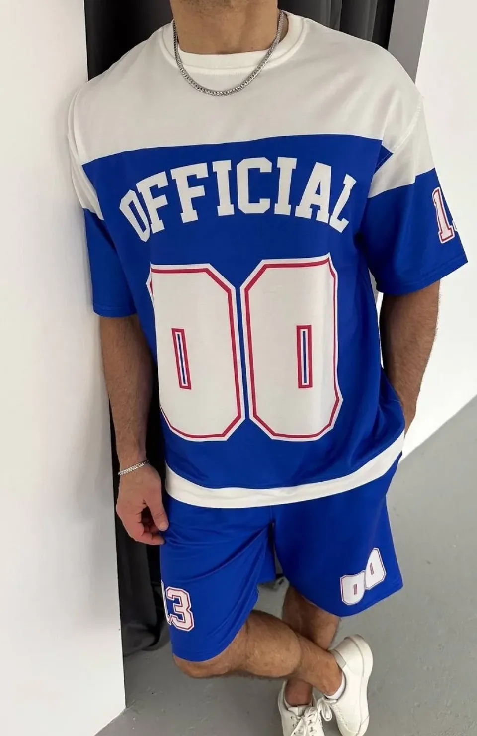 Erkek Şortlu Takım – Oversize İki İplik Kumaş, Ön & Arka Dijital Baskılı Tişört ve Lastikli Cepli Şort, Yazlık Günlük Spor Set - Mavi