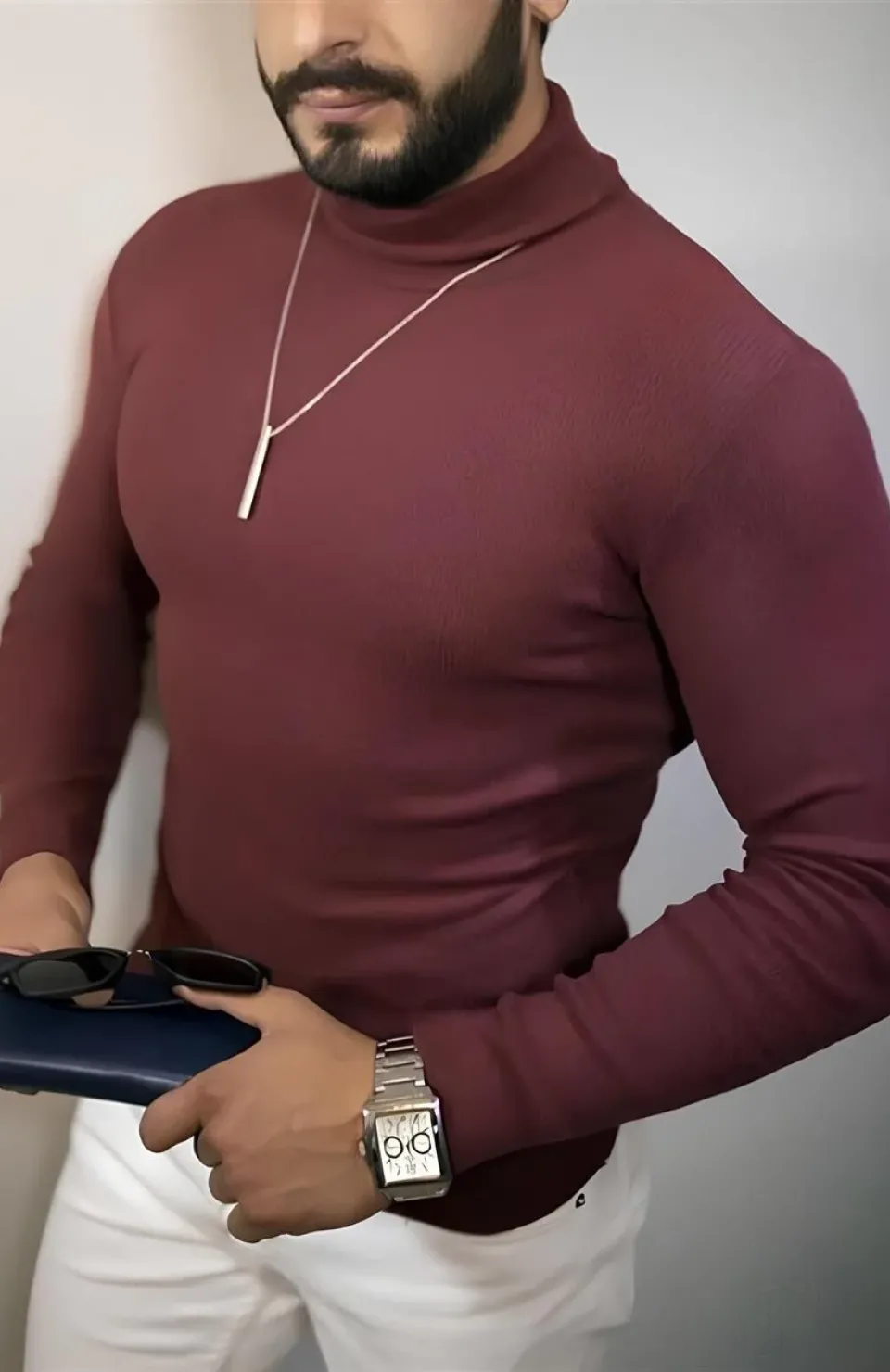 Erkek Tam Boğazlı Fitilli Kaşkorse Triko – Likralı, Extra Dar Kesim Slimfit, Yumuşak Kaşmir Dokulu Model - Bordo