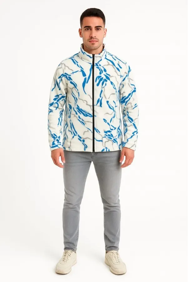 Erkek Tam Fermuarlı Desenli Polar Sweat Lightning Desen Yakalı, Uzun Kollu, Oversize Rahat Kalıp - Beyaz