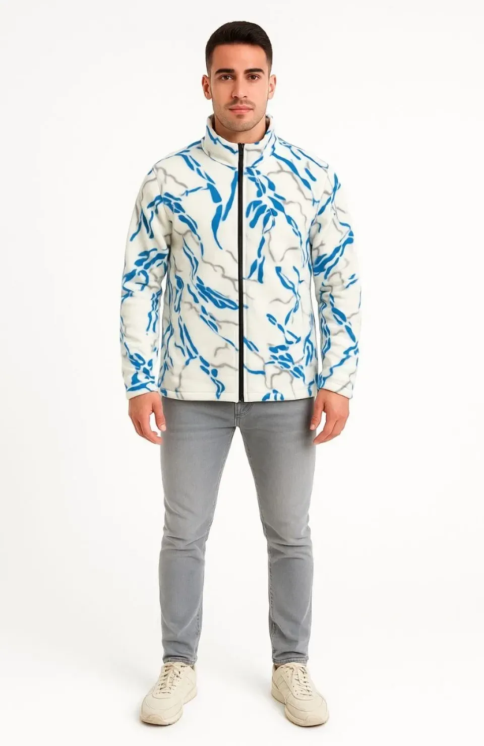 Erkek Tam Fermuarlı Desenli Polar Sweat Lightning Desen Yakalı, Uzun Kollu, Oversize Rahat Kalıp - Beyaz