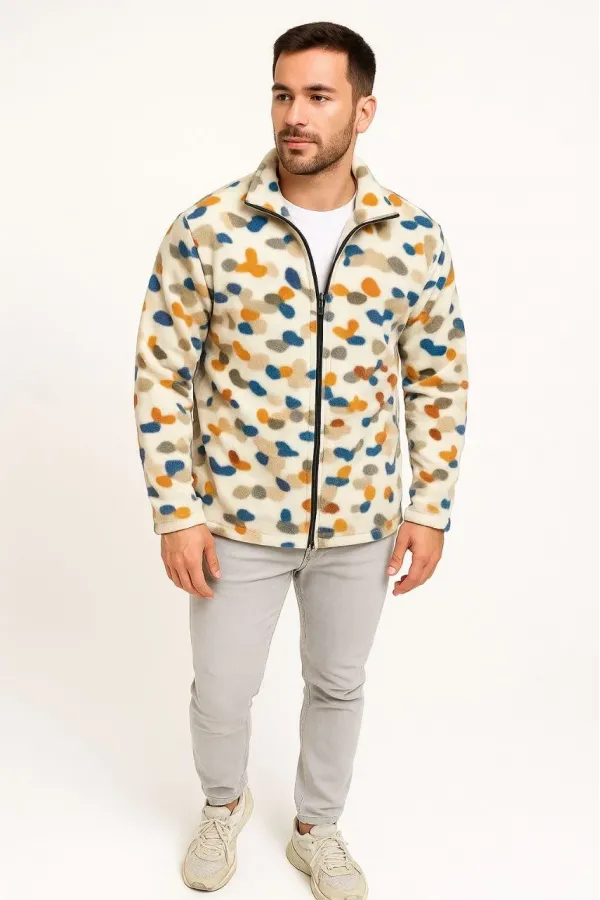 Erkek Tam Fermuarlı Desenli Polar Sweat – Siyah Multicolor Figür Desen Yakalı, Uzun Kollu, Oversize Rahat Kalıp- Beyaz