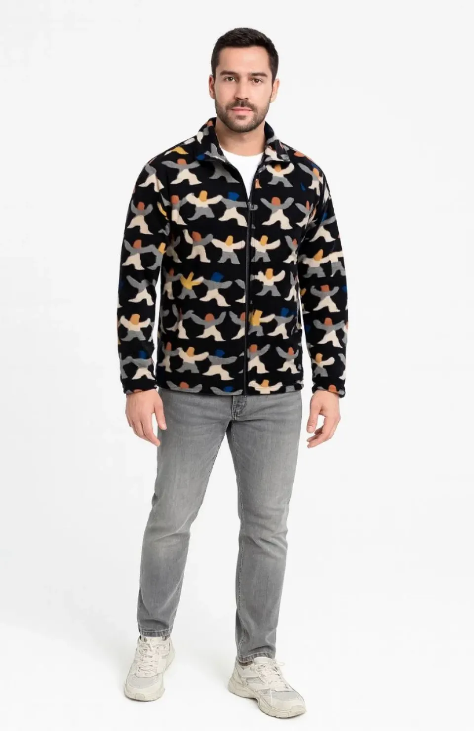 Erkek Tam Fermuarlı Desenli Polar Sweat – Siyah Multicolor Figür Desen Yakalı, Uzun Kollu, Oversize Rahat Kalıp- Siyah