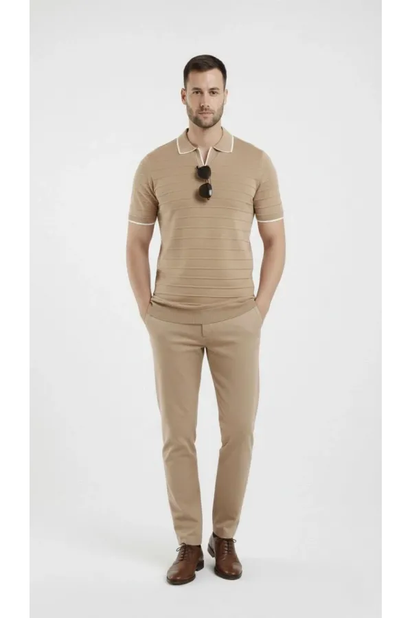 Erkek Triko Kumaş Yakalı Düğmesiz Açık Yaka Fitilli Kısa Kollu Regular Fit Tişört T-shirt - Bej