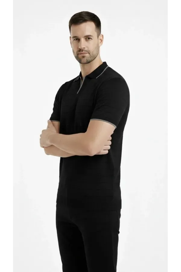 Erkek Triko Kumaş Yakalı Düğmesiz Açık Yaka Fitilli Kısa Kollu Regular Fit Tişört T-shirt - Siyah