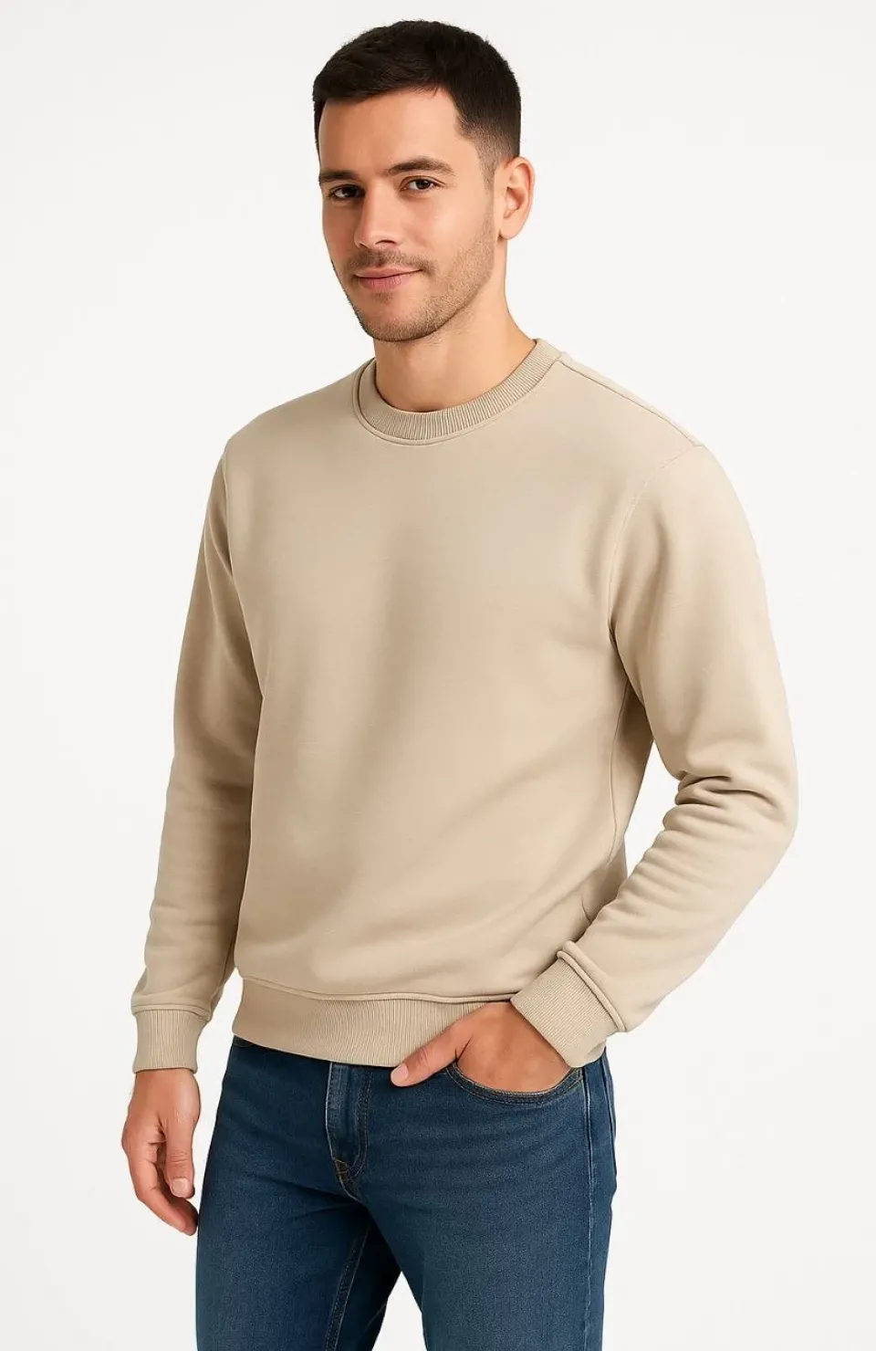 Erkek Üç İplik Düz Bisiklet Yaka SweatShirt - Bej