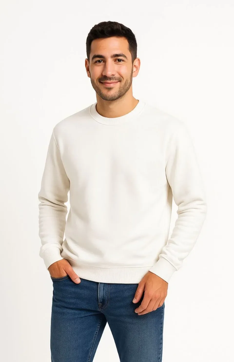 Erkek Üç İplik Düz Bisiklet Yaka SweatShirt - Beyaz