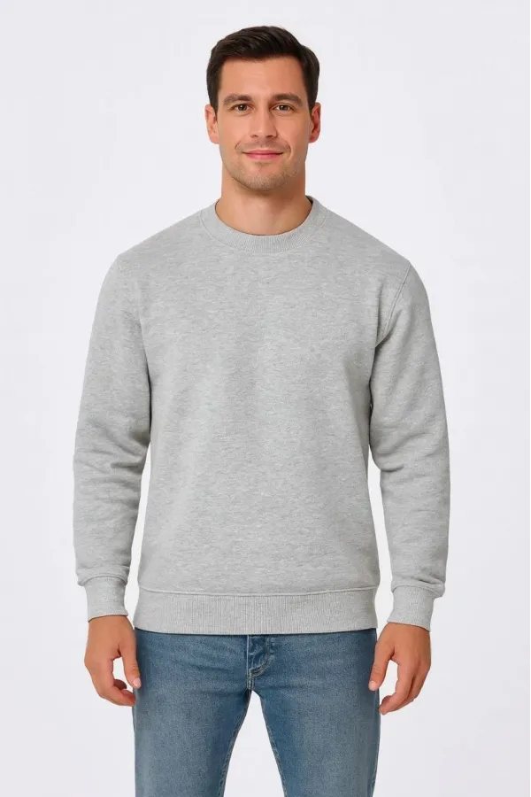 Erkek Üç İplik Düz Bisiklet Yaka SweatShirt - Gri