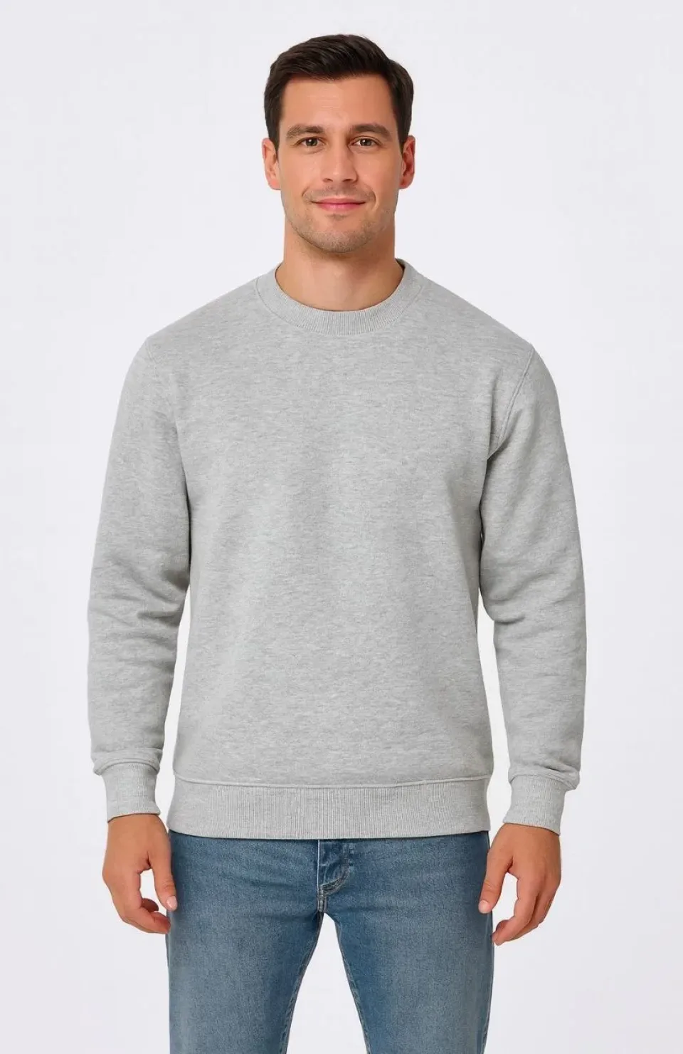 Erkek Üç İplik Düz Bisiklet Yaka SweatShirt - Gri