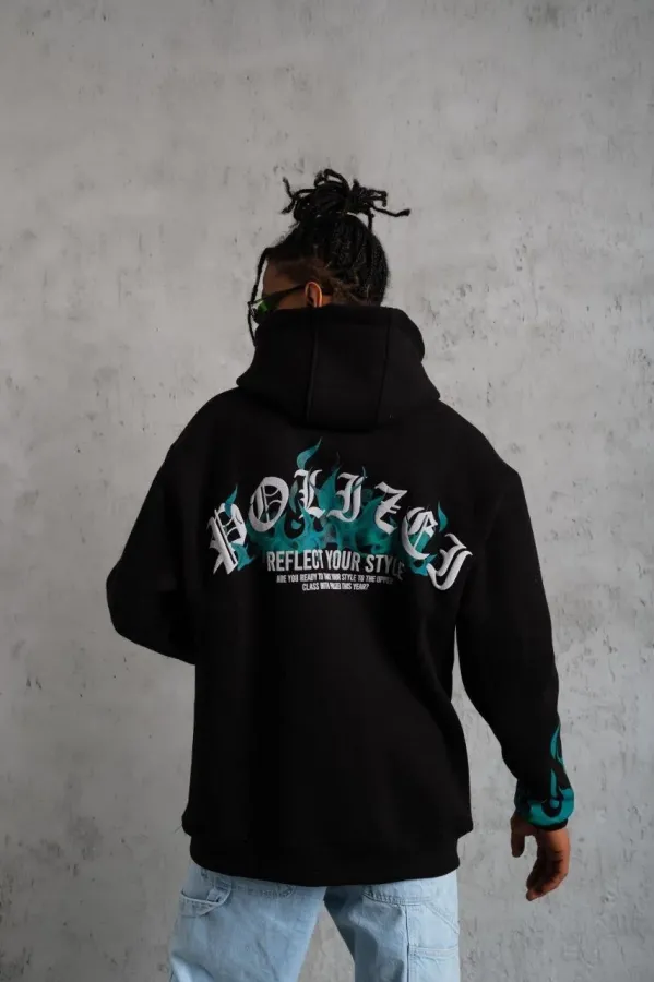 Erkek Üç İplik İçi Pamuklu Alev Baskılı Kapüşonlu Sweatshirt - Siyah