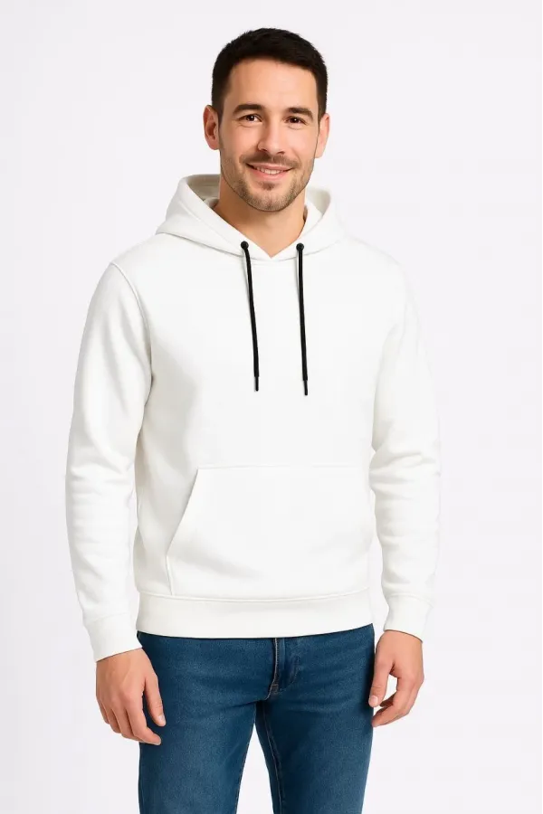 Erkek Üç İplik Kapüşonlu Kanguru Cepli SweatShirt hoodie - Beyaz