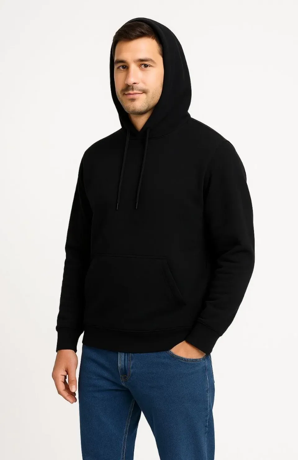 Erkek Üç İplik Kapüşonlu Kanguru Cepli SweatShirt hoodie - Siyah