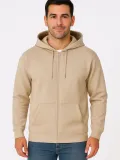 Erkek Üç İplik Kapüşonlu Tam Fermuarlı Kanguru Çepli SweatShirt Hoodie - Bej