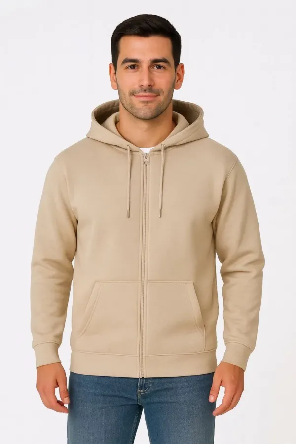 Erkek Üç İplik Kapüşonlu Tam Fermuarlı Kanguru Çepli SweatShirt Hoodie - Bej