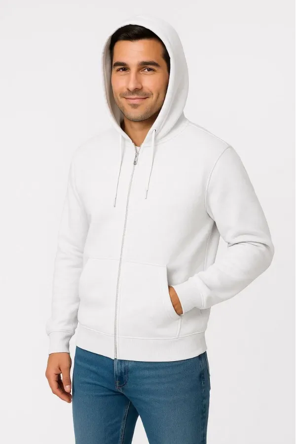 Erkek Üç İplik Kapüşonlu Tam Fermuarlı Kanguru Cepli SweatShirt Hoodie - Beyaz