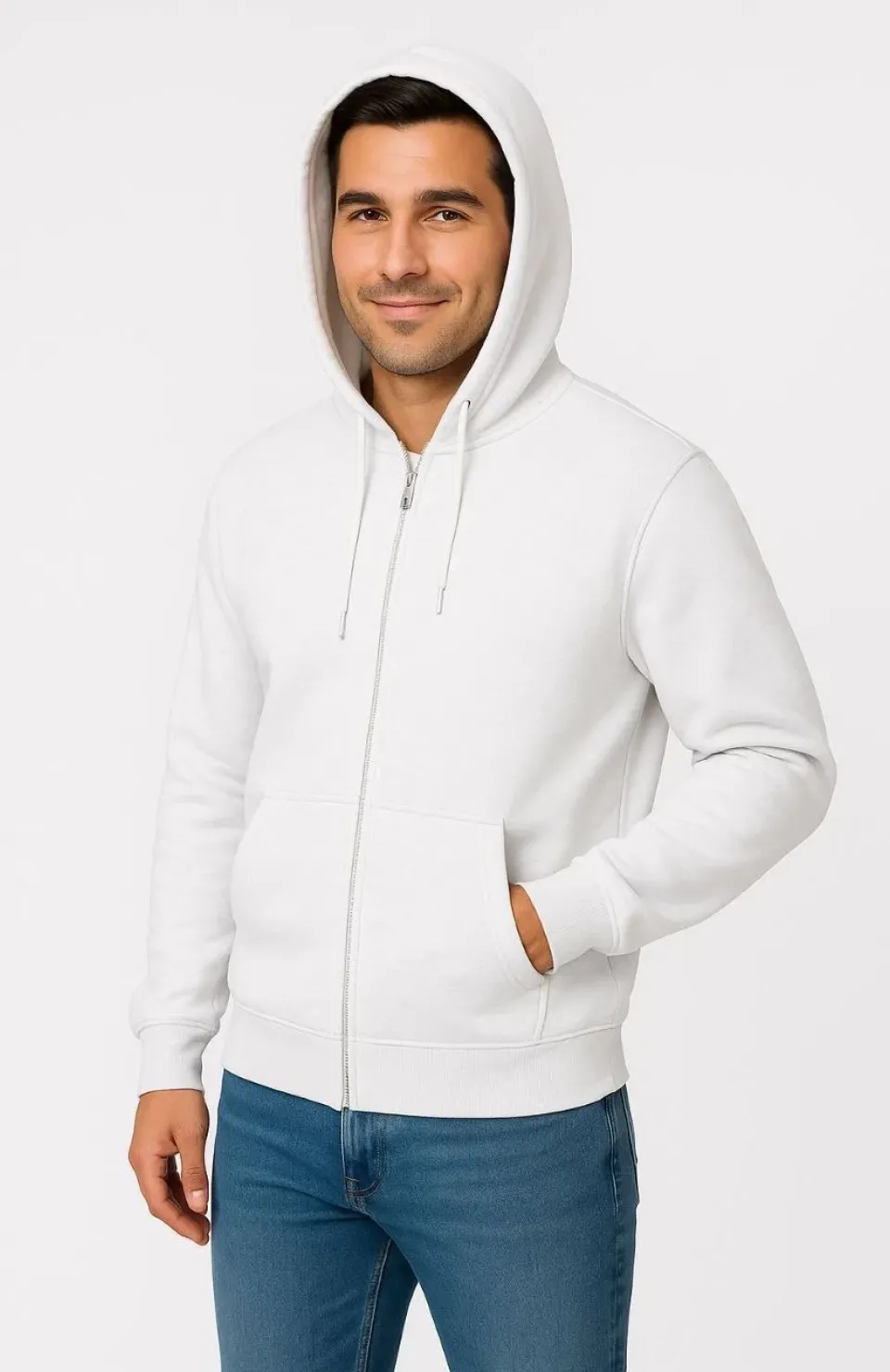 Erkek Üç İplik Kapüşonlu Tam Fermuarlı Kanguru Cepli SweatShirt Hoodie - Beyaz