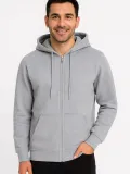 Erkek Üç İplik Kapüşonlu Tam Fermuarlı Kanguru Çepli SweatShirt Hoodie - Gri