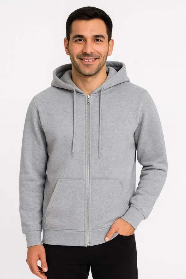 Erkek Üç İplik Kapüşonlu Tam Fermuarlı Kanguru Çepli SweatShirt Hoodie - Gri