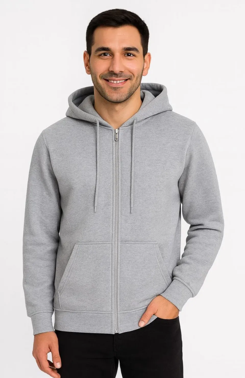Erkek Üç İplik Kapüşonlu Tam Fermuarlı Kanguru Çepli SweatShirt Hoodie - Gri
