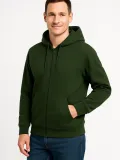 Erkek Üç İplik Kapüşonlu Tam Fermuarlı Kanguru Cepli Sweatshirt Hoodie - Haki