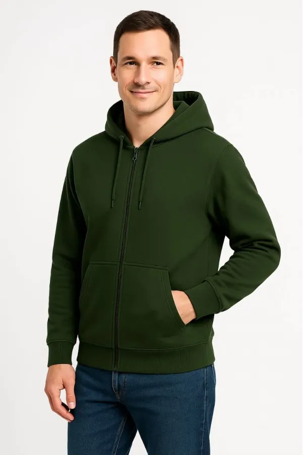 Erkek Üç İplik Kapüşonlu Tam Fermuarlı Kanguru Cepli Sweatshirt Hoodie - Haki