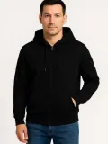 Erkek Üç İplik Kapüşonlu Tam Fermuarlı Kanguru Çepli SweatShirt Hoodie - Siyah