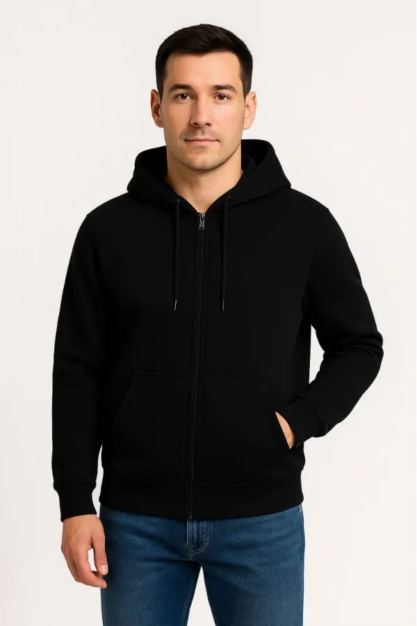 Erkek Üç İplik Kapüşonlu Tam Fermuarlı Kanguru Çepli SweatShirt Hoodie - Siyah
