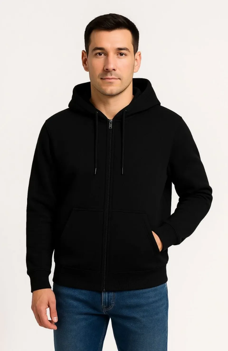 Erkek Üç İplik Kapüşonlu Tam Fermuarlı Kanguru Çepli SweatShirt Hoodie - Siyah