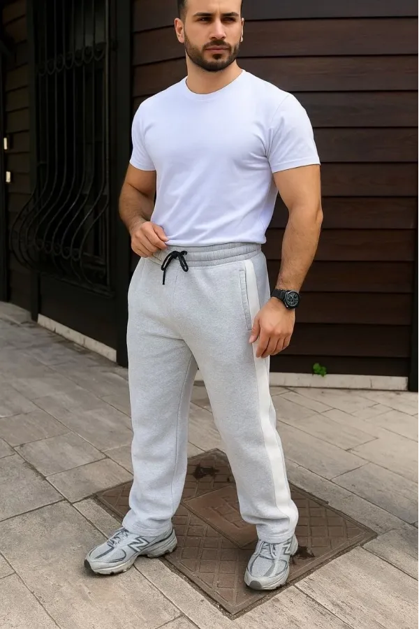 Erkek Üç İplik Kışlık Pamuklu Yandan Garneli Kalın Bej Şeritli Cepli Eşofman Altı - Gri