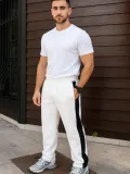 Erkek Üç İplik Kışlık Pamuklu Yandan Garneli Kalın Şeritli Cepli Eşofman Altı - Beyaz